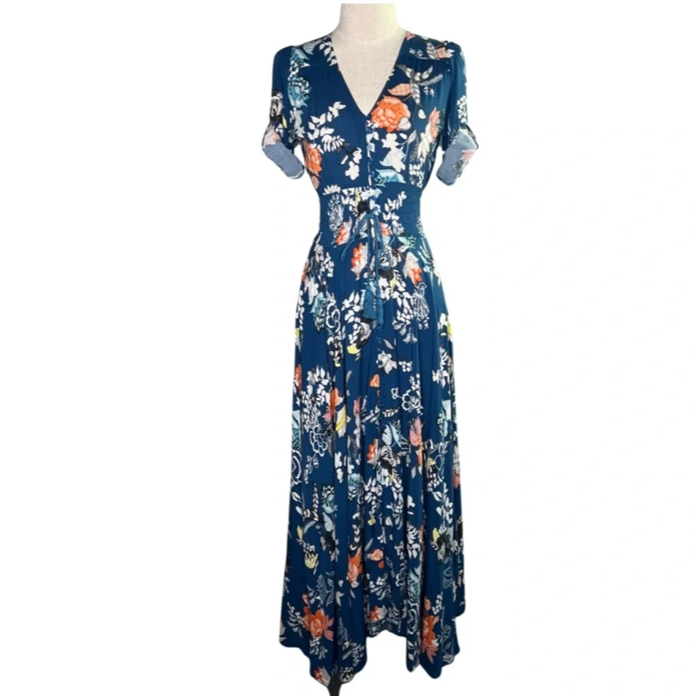 Jade Mia Maxi Women’s In Miak Print Smock Waist 3/4 Sleeve Multicolor Dress XS - Picture 8 of 9